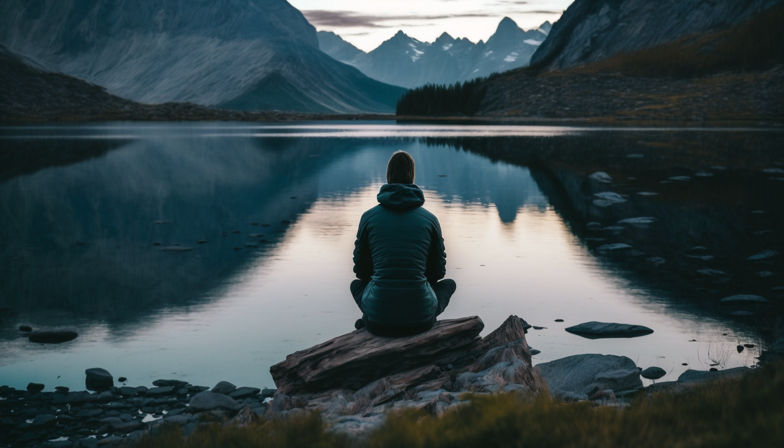 a serene landscape with a mountain range in the background