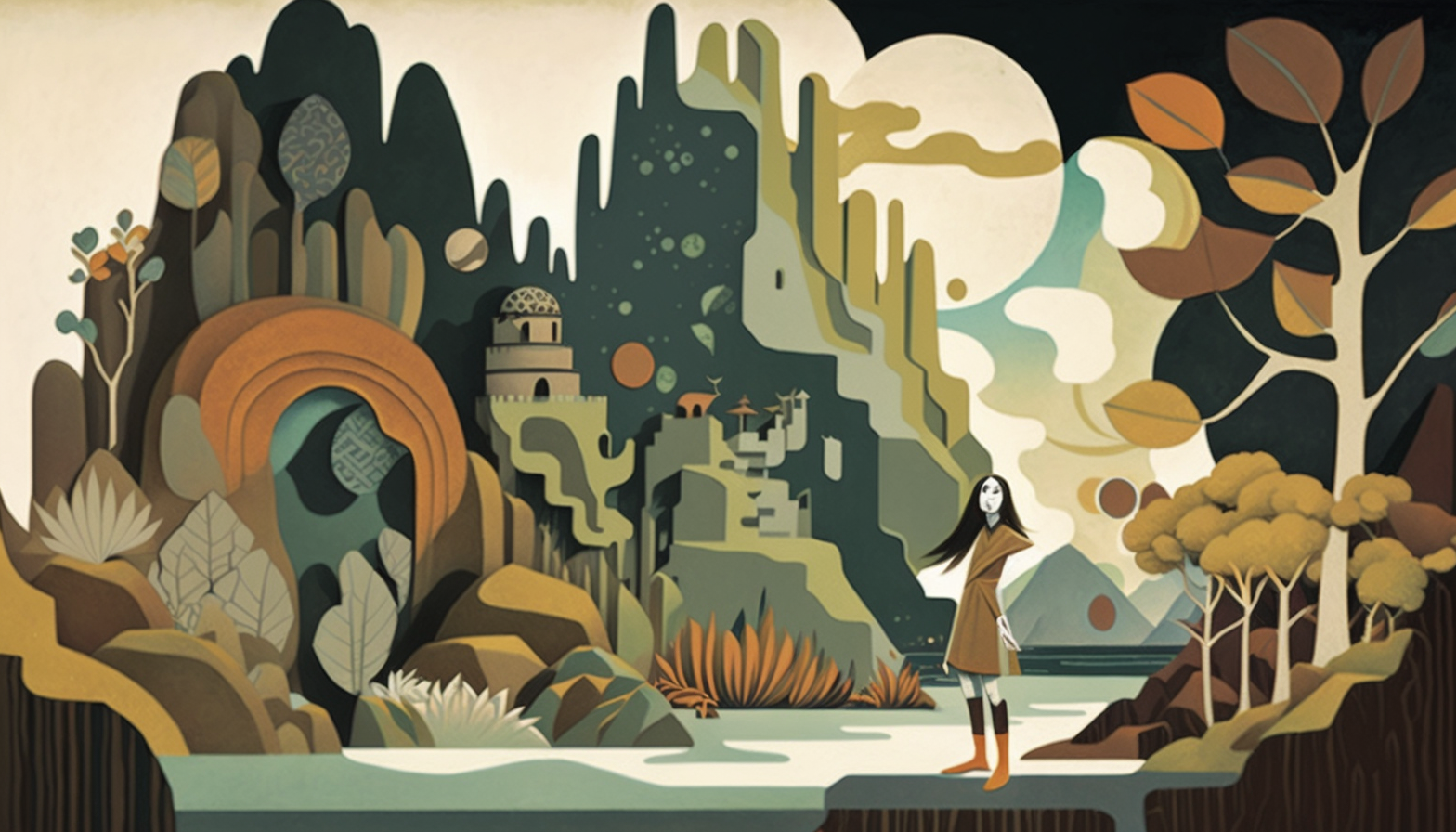 Generated with AI a surreal dreamlike landscape with floating islands waterfalls and strange creatures also the colors are muted with a focus on earthy tones like brown green and blue